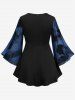 T-shirt froncé à lacets et manches évasées en maille avec motif peinture à l'encre grande taille - Bleu profond L | US 12