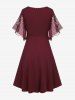 Plus Size Stars Print Buckle Button Pockets Ruched Butterfly Sleeves Dress -  