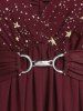 Plus Size Stars Print Buckle Button Pockets Ruched Butterfly Sleeves Dress -  
