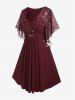 Plus Size Stars Print Buckle Button Pockets Ruched Butterfly Sleeves Dress -  