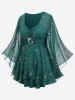 T-shirt grande taille à imprimé étoiles, froncé, transparent et superposé - Turquoise 4X | US 26-28