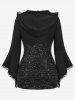 T-shirt à capuche texturé à manches cloche froncées et bordure en dentelle grande taille - Noir L | US 12