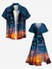 Plus Size Coconut Tree Ombre Dusk Print Hawaii Split Pocket A Line Midi Dress -  