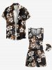 Plus Size Ombre Peach Blossom Flower Print Hawaii Drawstring Pocket Romper -  