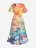 Plus Size Ombre Colorful Flowers Print Split Hawaii Midi Dress -  