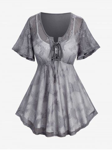 Plus Size Butterfly Lace Overlay Lace-up 2 in 1 Tee - DARK GRAY - L | US 12