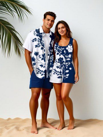 Matching Hawaii Shirt and Romper Plus Size Beach Outfit Two Tone Flower Branch Curve Print For Couples - DEEP BLUE