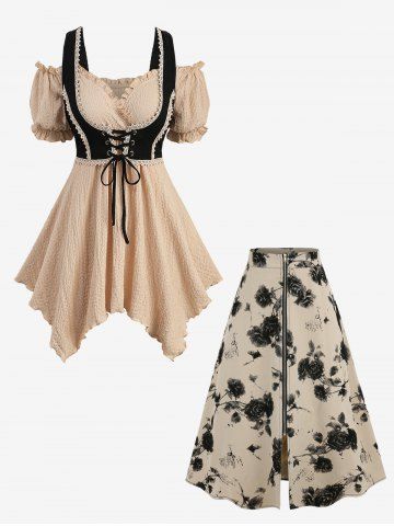 Textured Ruffles Lace Up Crochet 2 in 1 Corset Top and Ink Painting Rose Flower A Line Skirt Plus Size Outfit - CHAMPAGNE