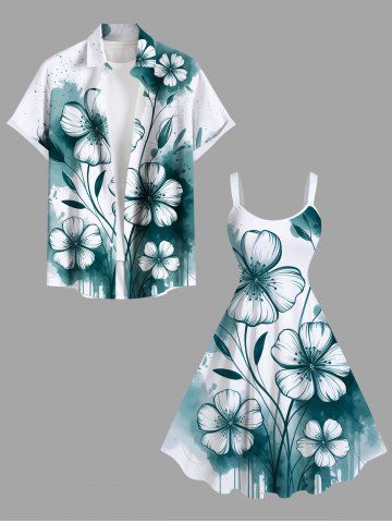 Ink Painting Splatter Flower Branch Print Plus Size Matching Hawaii Beach Outfit For Couples - GREEN
