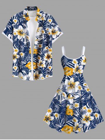 Tropical Leaves Hibiscus Floral Print Plus Size Matching Hawaii Beach Outfit For Couples - BLUE