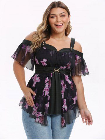 Plus Size Flowers Print Buckle Waist Chiffon Asymmetrical Cold Shoulder Blouse - BLACK - 2X | US 18-20