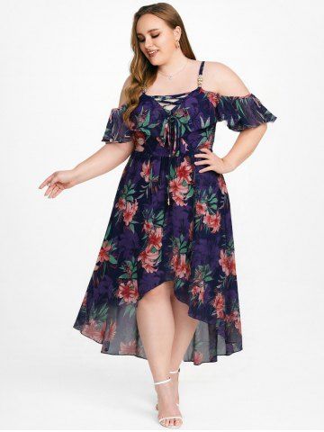 Plus Size Hibiscus Flower Print Lace Trim Lattice Braided Ruffles Tulip Hem Cold Shoulder High Low Dress - DEEP BLUE - 5X | US 30-32