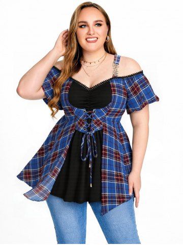 Plus Size Plaid Print Grommets Lace-up Ruched Lace Trim Cold Shoulder 2 In 1 Top - BLUE - 4X | US 26-28