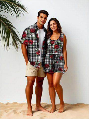 Ensemble chemise et barboteuse hawaïennes assorties, grande taille, tenue de plage, imprimé à carreaux, fleurs roses, pour couples