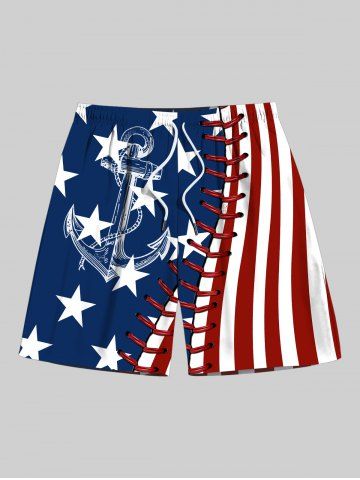 Plus Size Patriotic American Flag Anchor 3D Topstitching Print Hawaii Cruise Drawstring Beach Shorts For Men - BLUE - 7XL