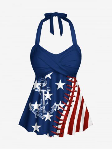 Patriotic American Flag Anchor 3D Topstitching Print Hawaii Cruise Twist Halter Backless Tankini Top - BLUE - S