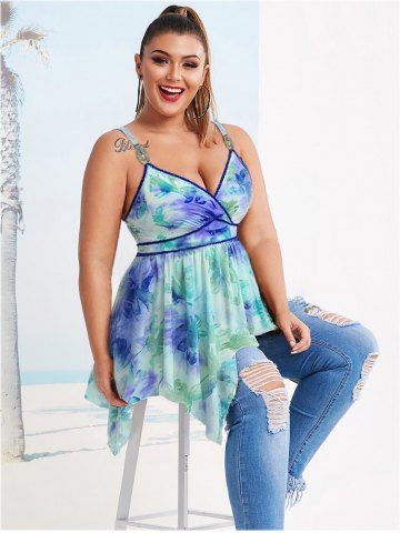 Plus Size Tie Dye Print Floral Flocking Surplice Handkerchief Cami Top - DEEP BLUE - 2X | US 18-20