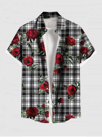 Plus Size Rose Flower Leave Plaid Print Hawaii Button Pocket Shirt For Men - BLACK - M