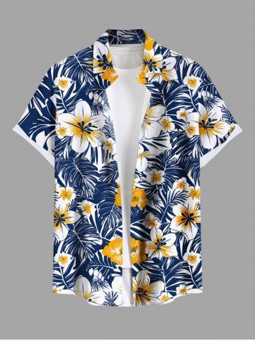 Plus Size Tropical Leaves Hibiscus Floral Print Hawaii Button Pocket Shirt For Men - BLUE - S