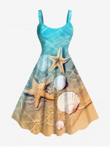 Plus Size Sea Ripples Beach Starfish Print Hawaii Tank Dress - YELLOW - 6X