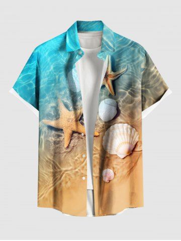 Plus Size Sea Ripples Beach Starfish Print Buttons Pocket Hawaii Shirt For Men - BLUE - 5XL