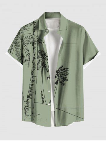 Plus Size Coconut Tree Print Buttons Pocket Hawaii Shirt For Men - LIGHT GREEN - S