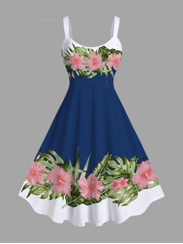 Plus Size Topical Leaf Hibiscus Flower Print Hawaii Tank Dress - BLUE - L