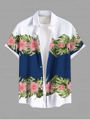 Plus Size Topical Leaf Hibiscus Flower Print Buttons Pocket Hawaii Shirt For Men - WHITE - 6XL