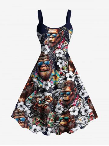 Plus Size Gorillas Tropical Flowers Print Hawaii Tank Dress - BLACK - XXS