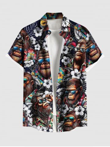 Plus Size Gorillas Tropical Flowers Print Buttons Pocket Hawaii Shirt For Men - BLACK - M