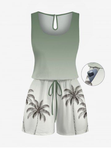 Plus Size Coconut Tree Ombre Print Cinched Hawaii Romper - LIGHT GREEN - L