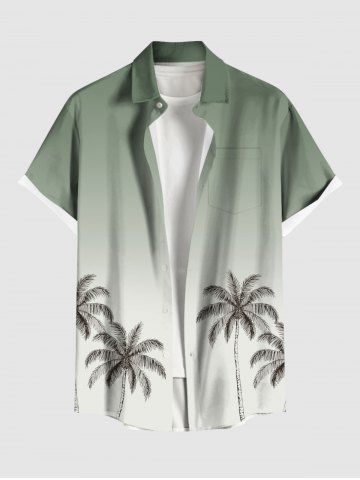 Plus Size Coconut Tree Ombre Print Buttons Pocket Hawaii Shirt For Men - LIGHT GREEN - 3XL