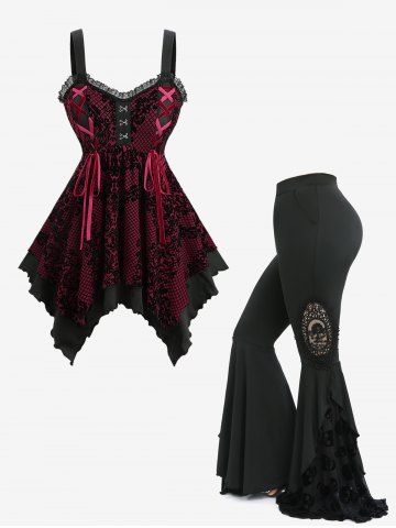 Floral Plaid Flocking Lace-up Asymmetrical Tank Top and Applique Flare Pants Plus Size Outfit - DEEP RED