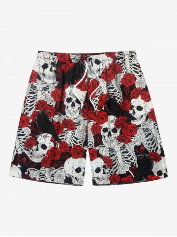 Plus Size Skulls Skeleton Rose Flower Crow Print Hawaii Beach Shorts For Men - DEEP RED - 7XL