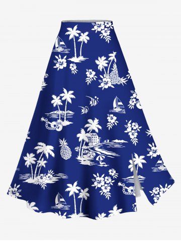 Plus Size Coconut Tree Seascape Flowers Pineapple Print Split Hawaii Skirt - BLUE - 2X