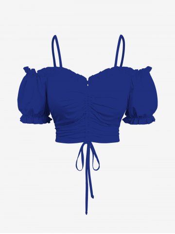 Plus Size Cinched Ruched Ruffles Cold Shoulder Cami Top - BLUE - 6X