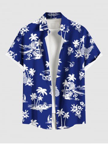 Plus Size Coconut Tree Seascape Flowers Pineapple Print Buttons Pocket Hawaii Shirt For Men - BLUE - M