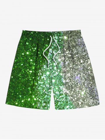 Plus Size Glitter Sparkling Sequins Printed Hawaii Ombre Drawstring Beach Shorts For Men - GREEN - 7XL