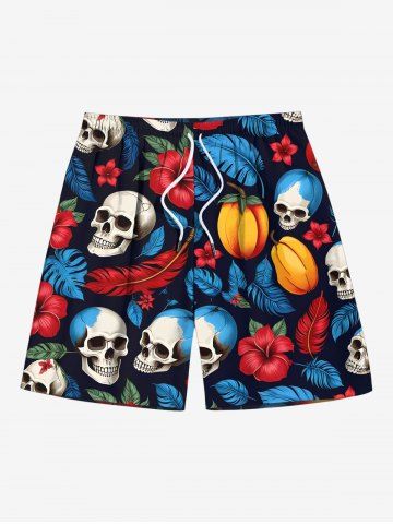 Plus Size Skull Tropical Leaves Hibiscus Floral Print Hawaii Drawstring Beach Shorts For Men - BLACK - 7XL