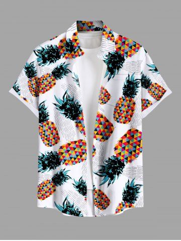 Plus Size Colorful Geometric Colorblock Pineapple Print Hawaii Button Pocket Shirt For Men - WHITE - S