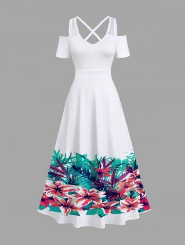 Plus Size Tropical Leaf Flowers Print Cold Shoulder Crisscross Hawaii Maxi Dress - WHITE - XXS