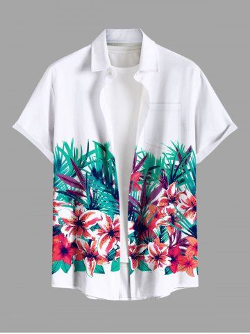 Plus Size Tropical Leaf Flowers Print Buttons Pocket Hawaii Shirt For Men - WHITE - 5XL