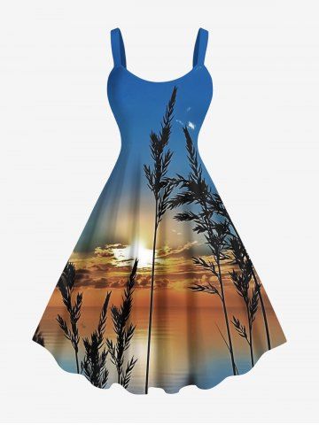 Robe trapèze hawaïenne grande taille à imprimé coucher de soleil et crépuscule, motif ombré, plantes et mer