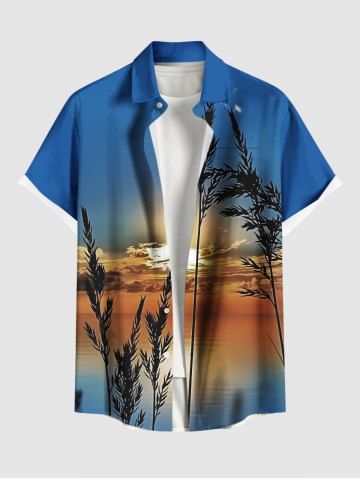 Plus Size Plant Sea Ombre Sunset Dusk Print Hawaii Button Pocket Shirt For Men