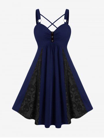 Plus Size Skull Fishnet Panel Ruched Crisscross O-Ring Buckle Dress - MIDNIGHT BLUE - 5X | US 30-32