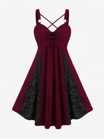 Plus Size Skull Fishnet Panel Ruched Crisscross O-Ring Buckle Dress - MULTI-A - 4X | US 26-28