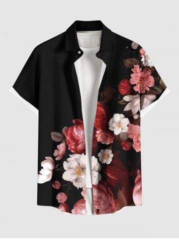 Plus Size Ombre Flower Print Hawaii Button Pocket Shirt For Men - BLACK - 2XL