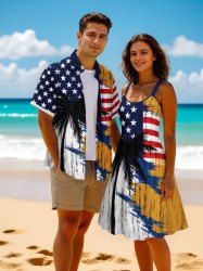 Patriotic American Flag Coconut Tree Colorblock Print Plus Size Matching Outfit For Couples -  