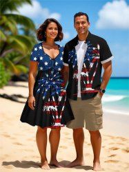 Patriotic American Flag Coconut Tree Print Plus Size Matching Outfit For Couples -  