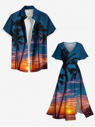 Tenue de plage hawaïenne assortie grande taille à imprimé cocotier et crépuscule pour couples - Bleu 